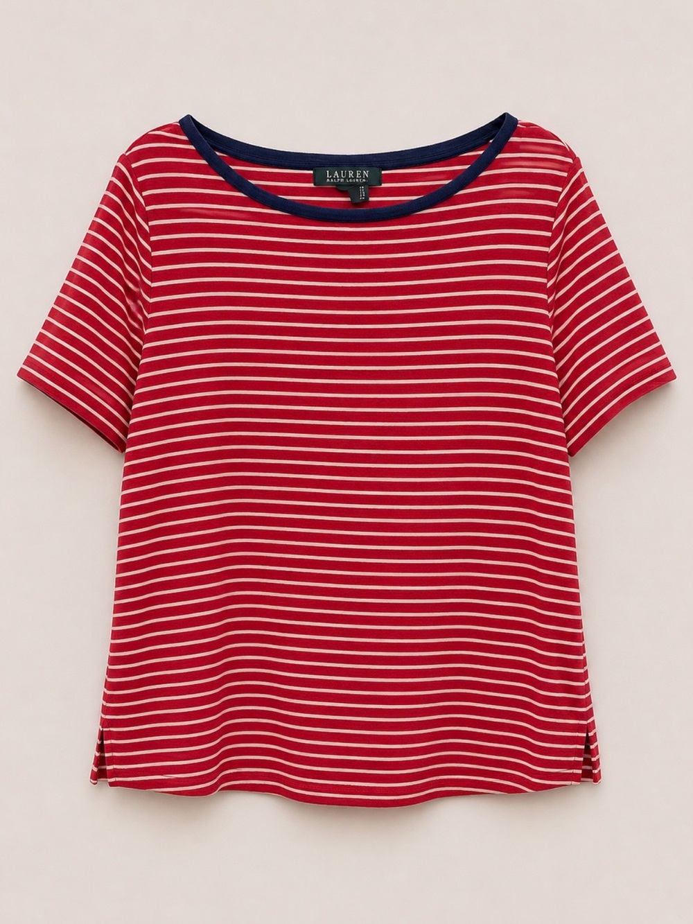 Lauren Ralph Lauren Red & White Striped Short-Sleeve Tee with Navy Trim
